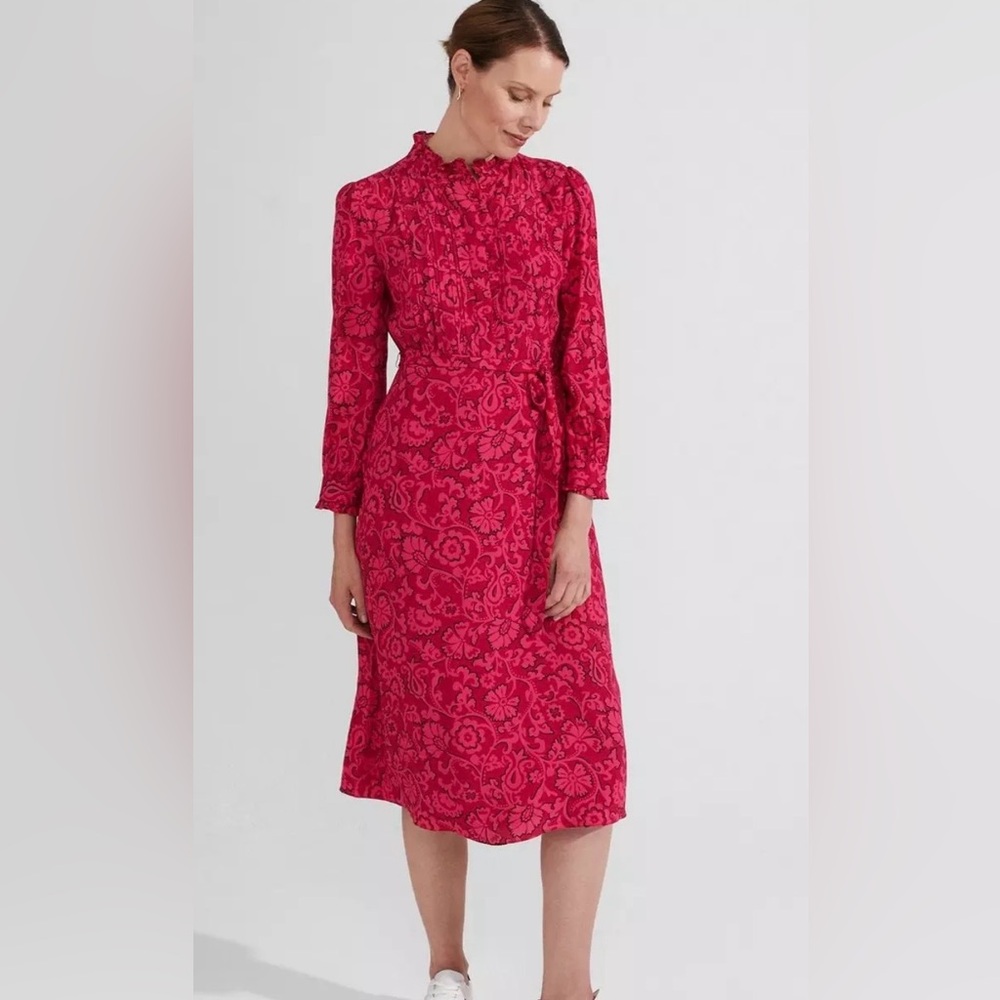 Hobbs London “Eleanora” Long Sleeve Ruffled Neck Pink Floral Midi Dress - Sz 16